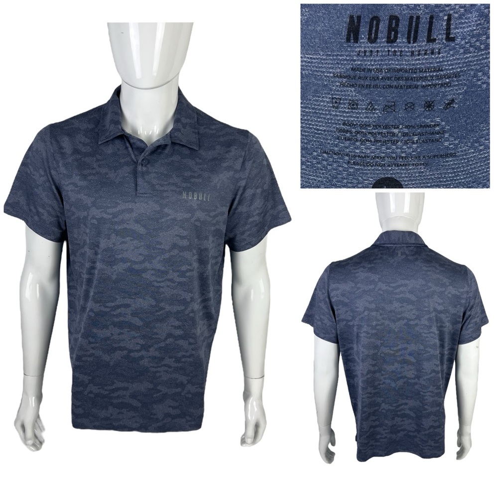 NOBULL Mens Large Shirt Blue Camo Short Sleeve Polo Made In USA Polyester EUC